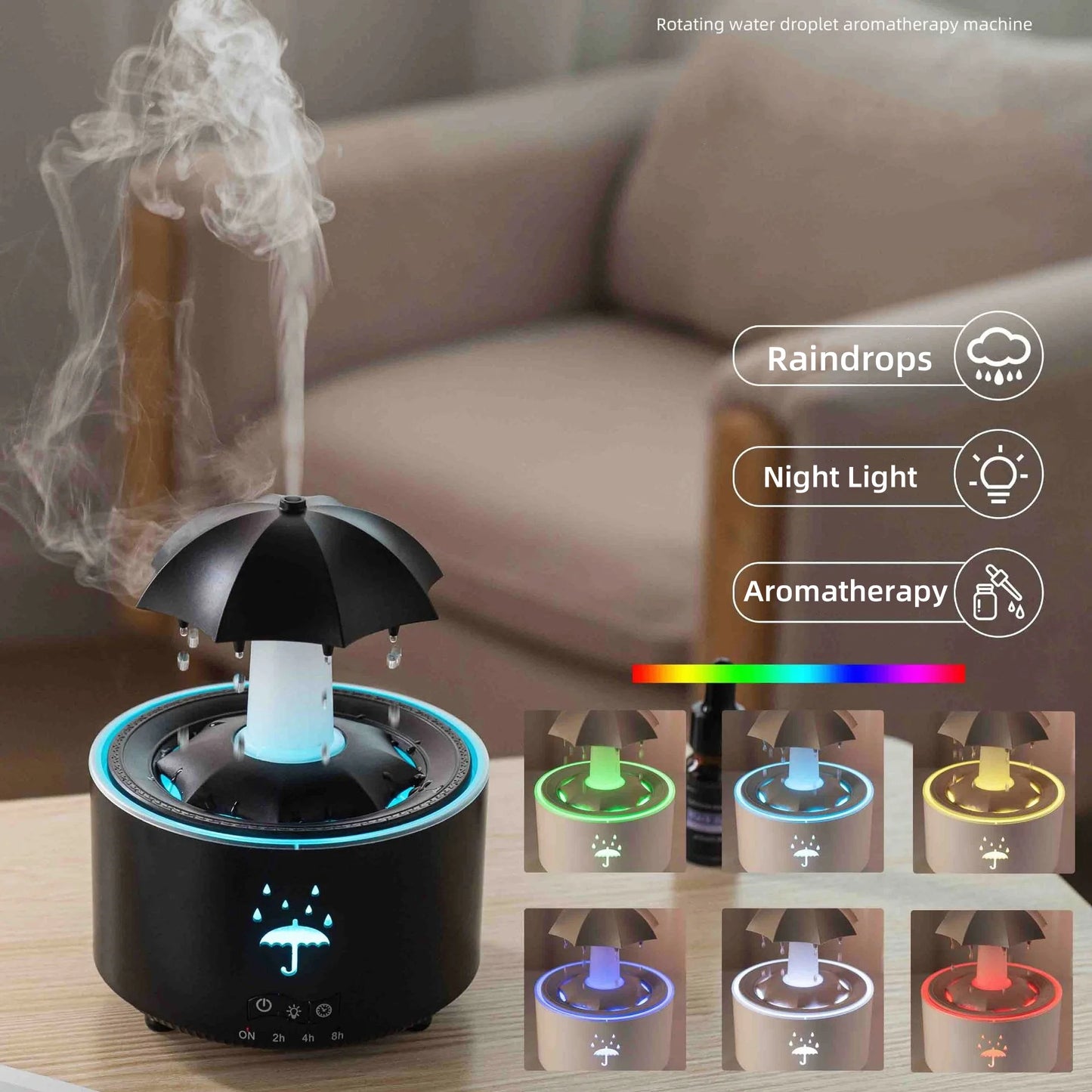 Umbrella Water Drop Air Humidifier with Colorful Light Raindrop Aroma Essential Oil Diffuser Aromatherapy Humidifier